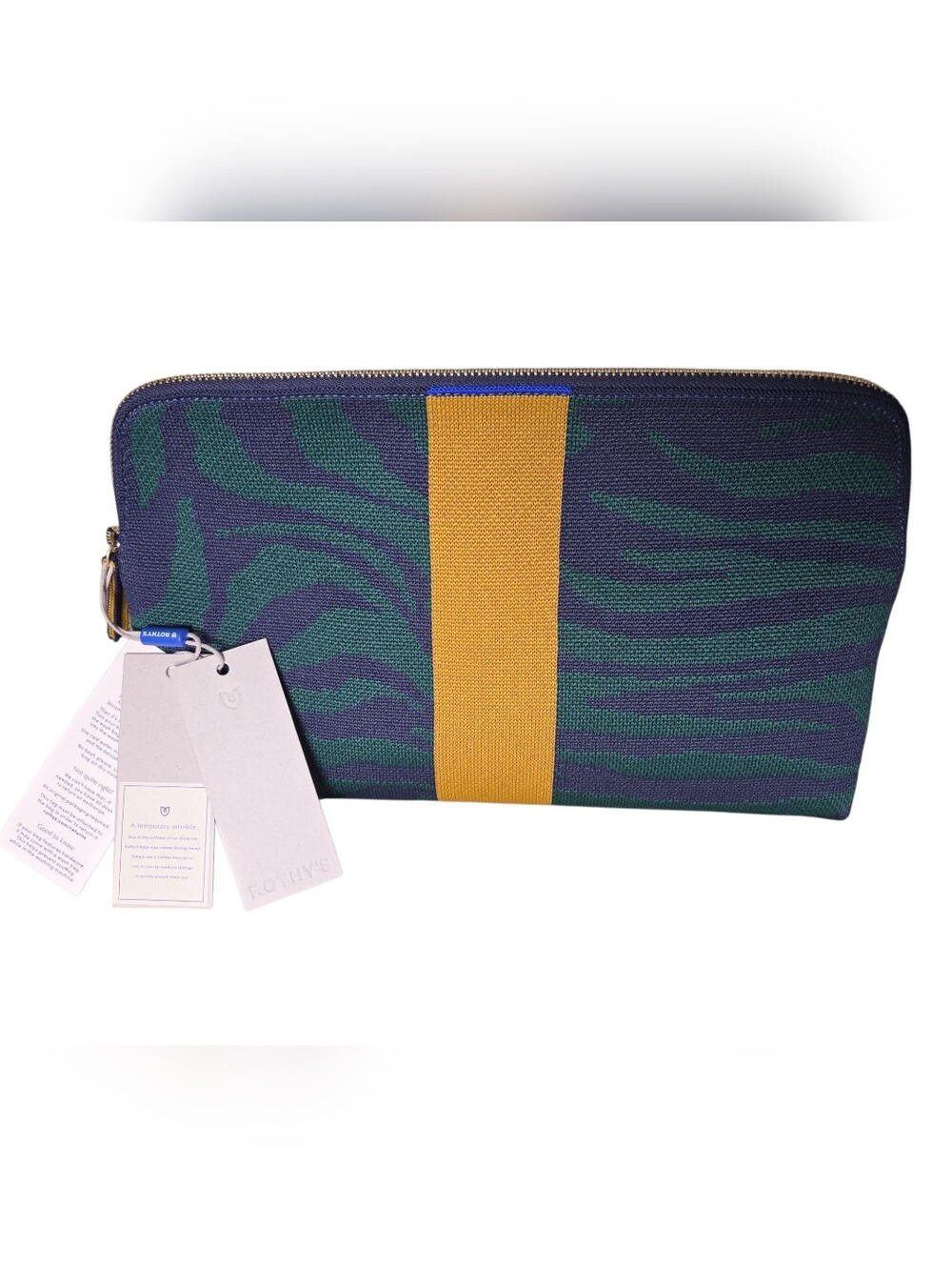 Rothy's knitted zip pouch or clutch, green and blue tiger stripe pattern. NWT